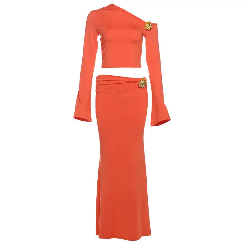 3D Deco SlimFit Diagonal Collar Dress Suit - Orange / S