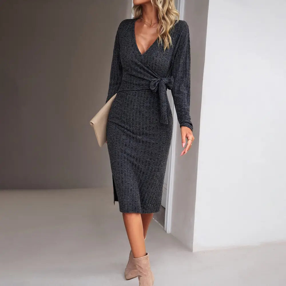 Autumn And Winter V-neck Long Sleeve Knitted Tied Dress - Dark Gray / S