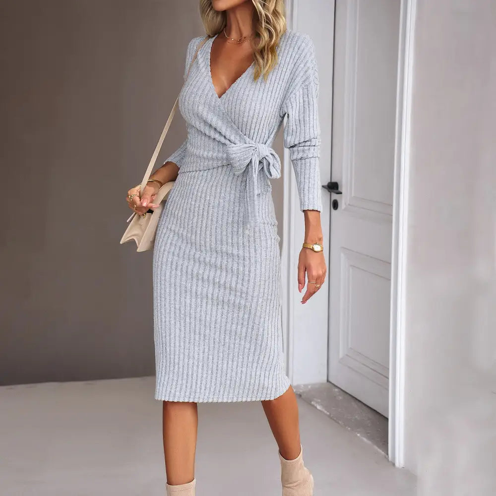 Autumn And Winter V-neck Long Sleeve Knitted Tied Dress - Gray / S