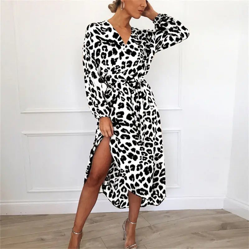 Autumn Skirt Leopard Print Printed V-neck Long Sleeve Lace-up Dress - White / S