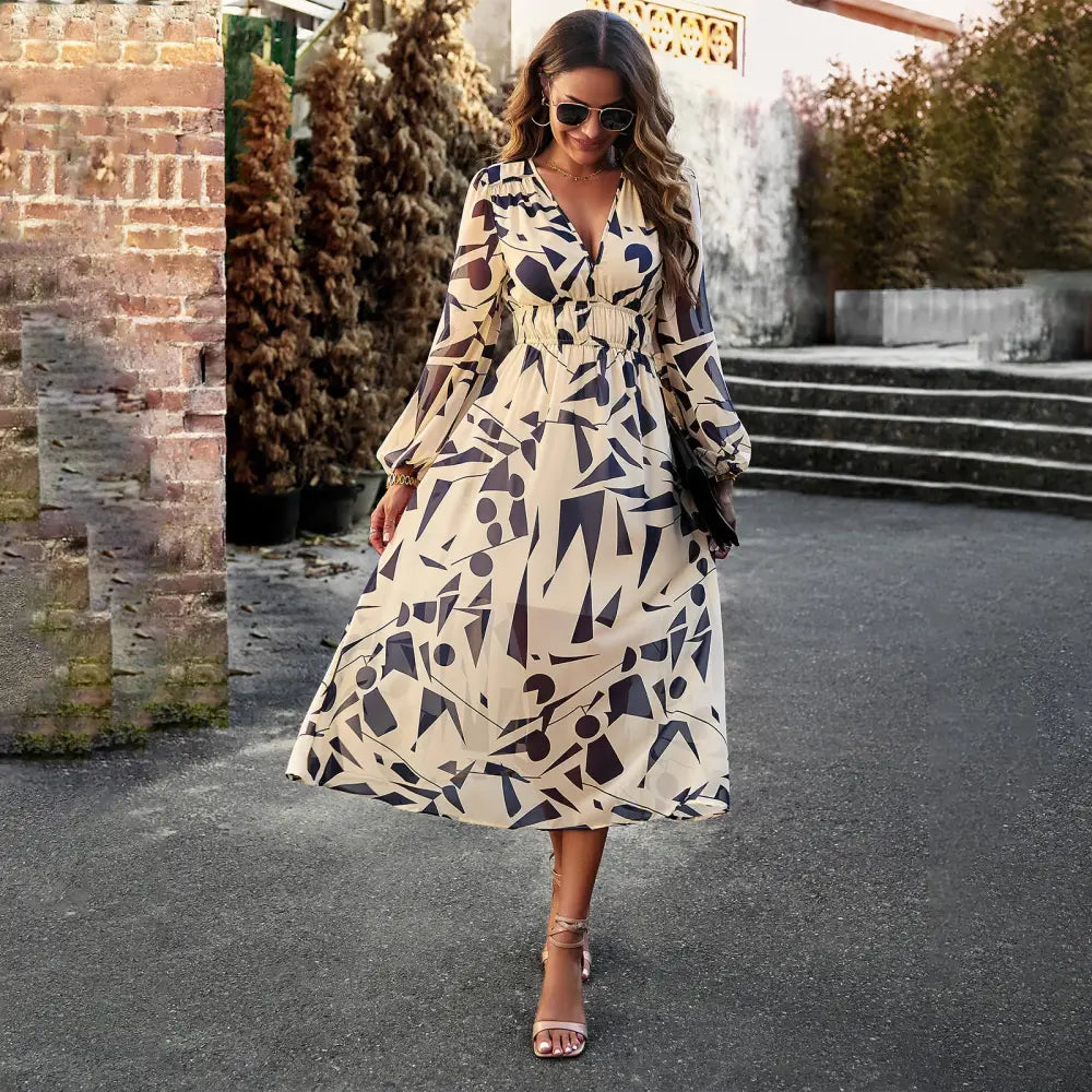 Autumn Women’s Clothing Bohemian Holiday Casual Printed Dress - Apricot / S