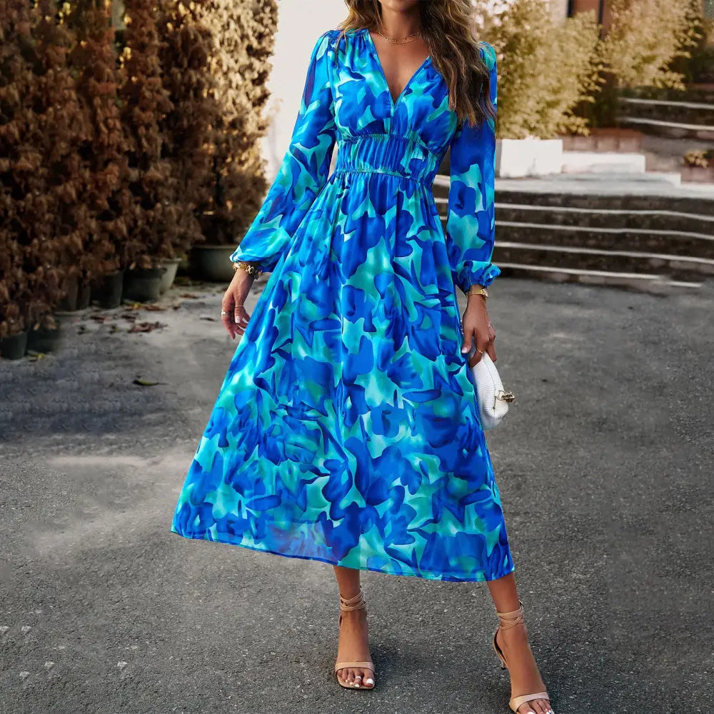 Autumn Women’s Clothing Bohemian Holiday Casual Printed Dress - Blue / S