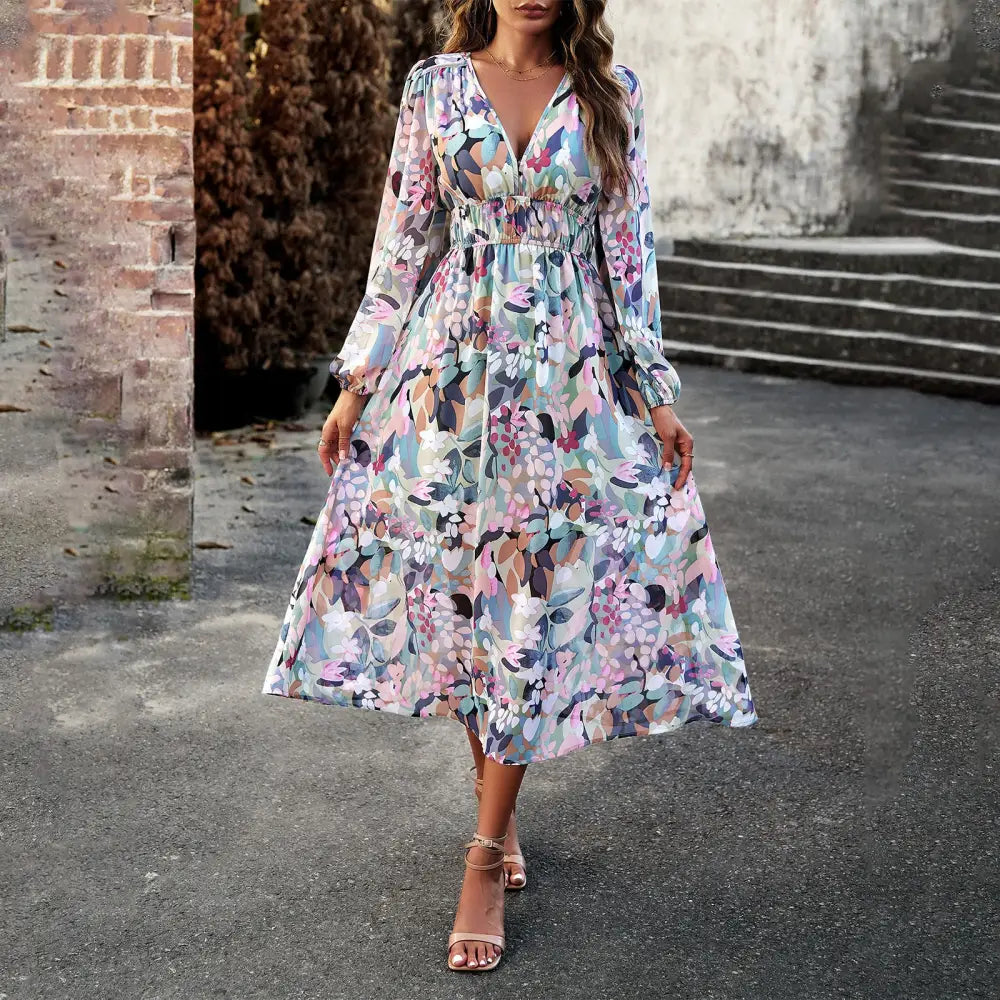 Autumn Women’s Clothing Bohemian Holiday Casual Printed Dress - Green / S