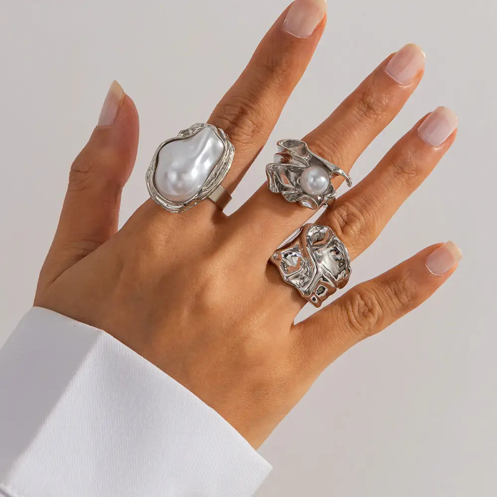 Baroque Blossoms Floral Ring Set - Silver 3PCS / Free Size