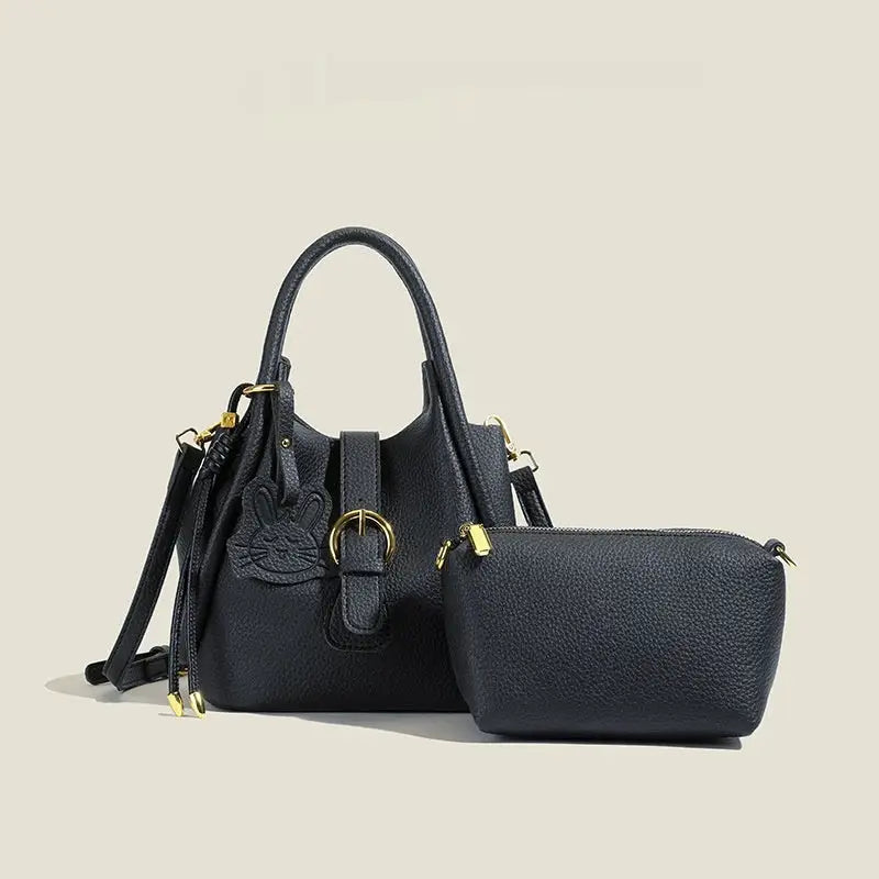 Barrel Type PU Shoulder Bag with Multi-Pocket Design - Black / 21X13X19