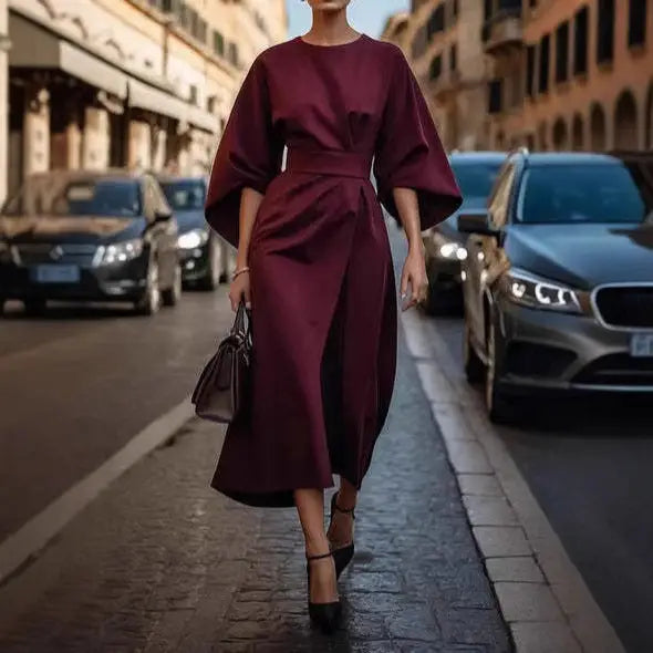 Batwing Elegance: Waist-Tight Solid Dress