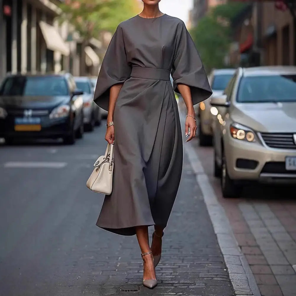 Batwing Elegance: Waist-Tight Solid Dress