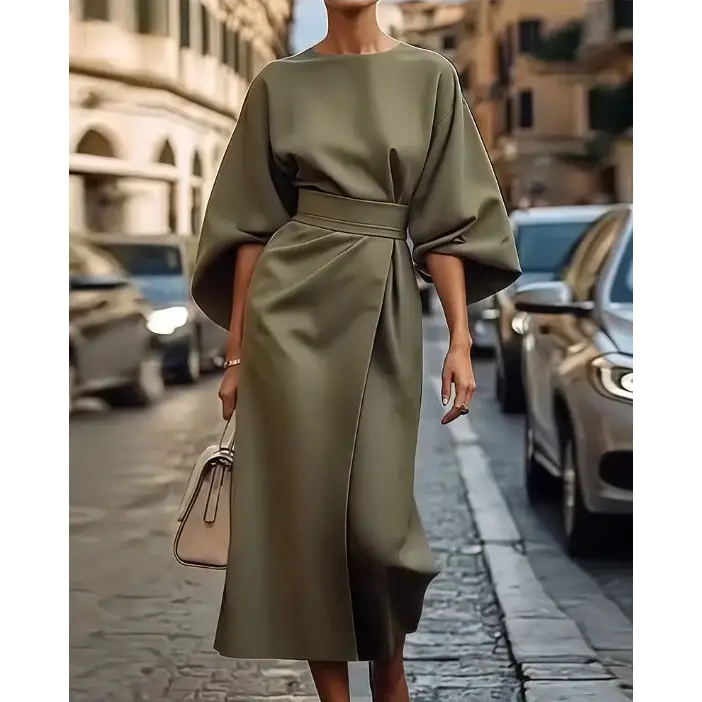 Batwing Elegance: Waist-Tight Solid Dress - Army Green / L