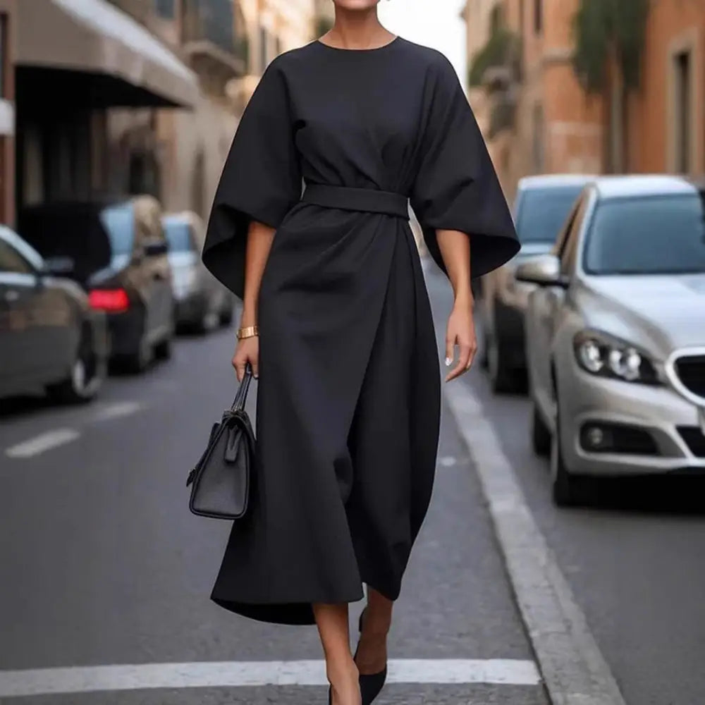 Batwing Elegance: Waist-Tight Solid Dress - Black / 3XL
