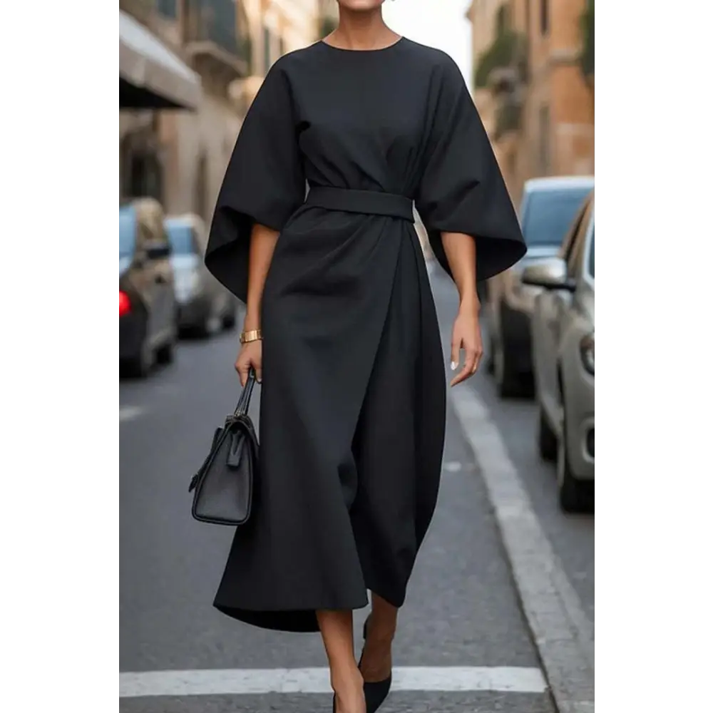 Batwing Elegance: Waist-Tight Solid Dress - Black / S