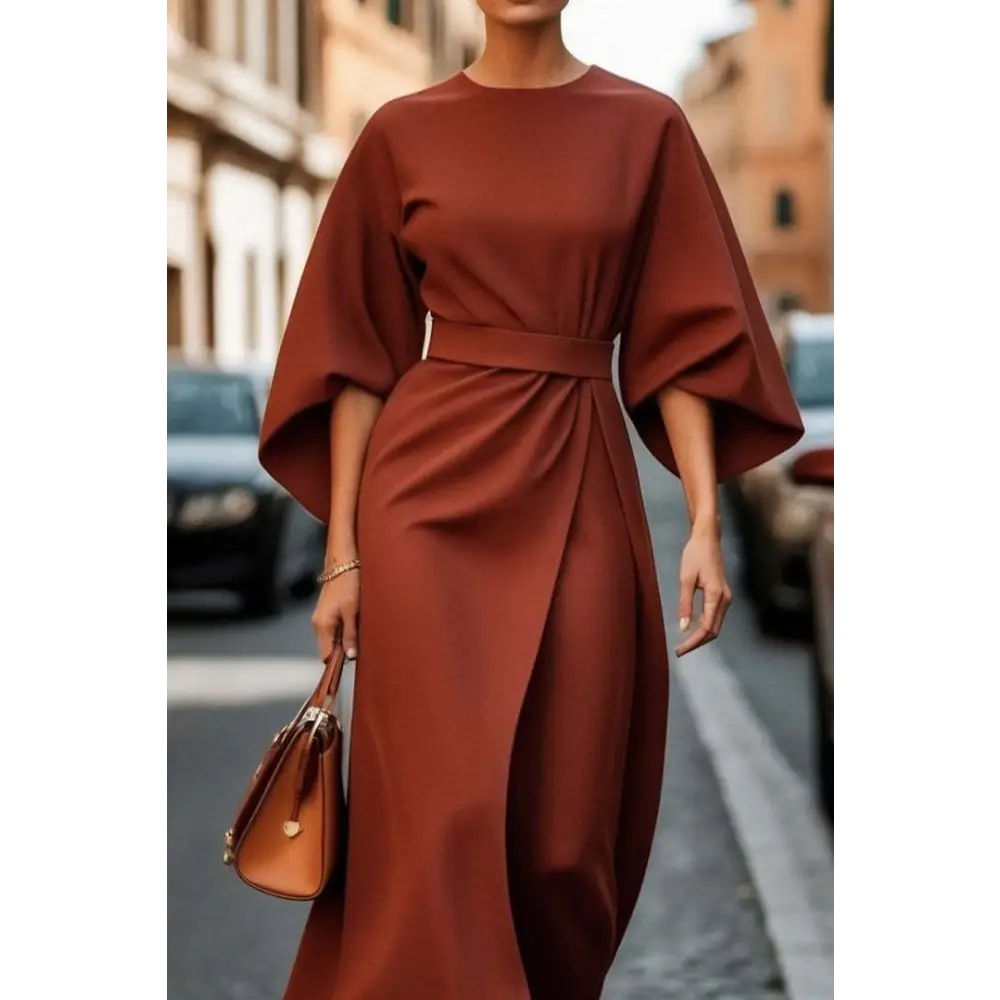 Batwing Elegance: Waist-Tight Solid Dress - Brick Red / S