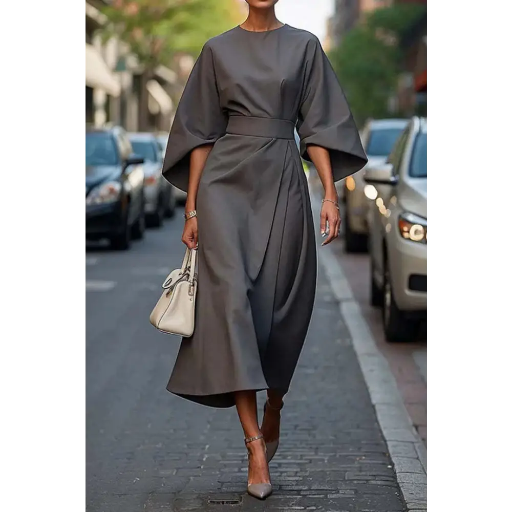 Batwing Elegance: Waist-Tight Solid Dress - Gray / S