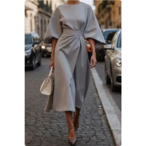 Batwing Elegance: Waist-Tight Solid Dress - Light Gray / L