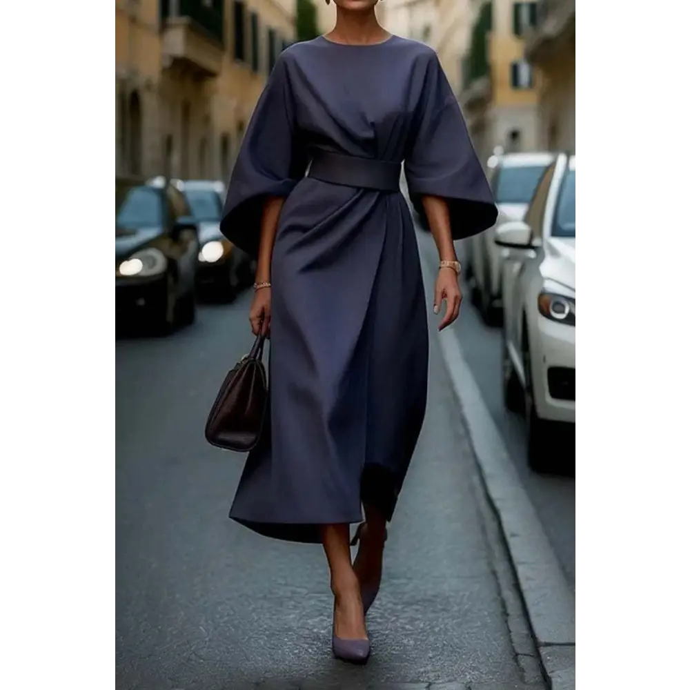 Batwing Elegance: Waist-Tight Solid Dress - Navy Blue / S