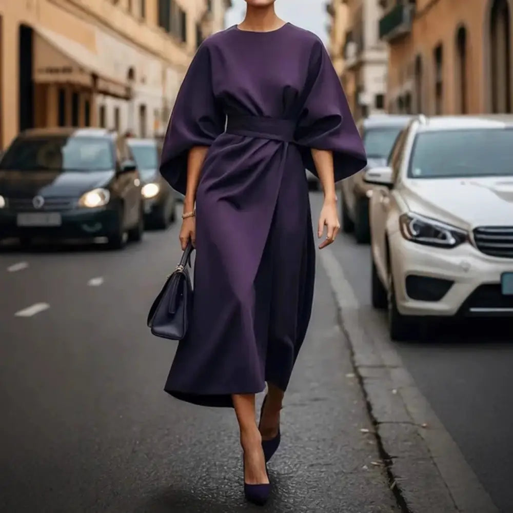 Batwing Elegance: Waist-Tight Solid Dress - Purple / L