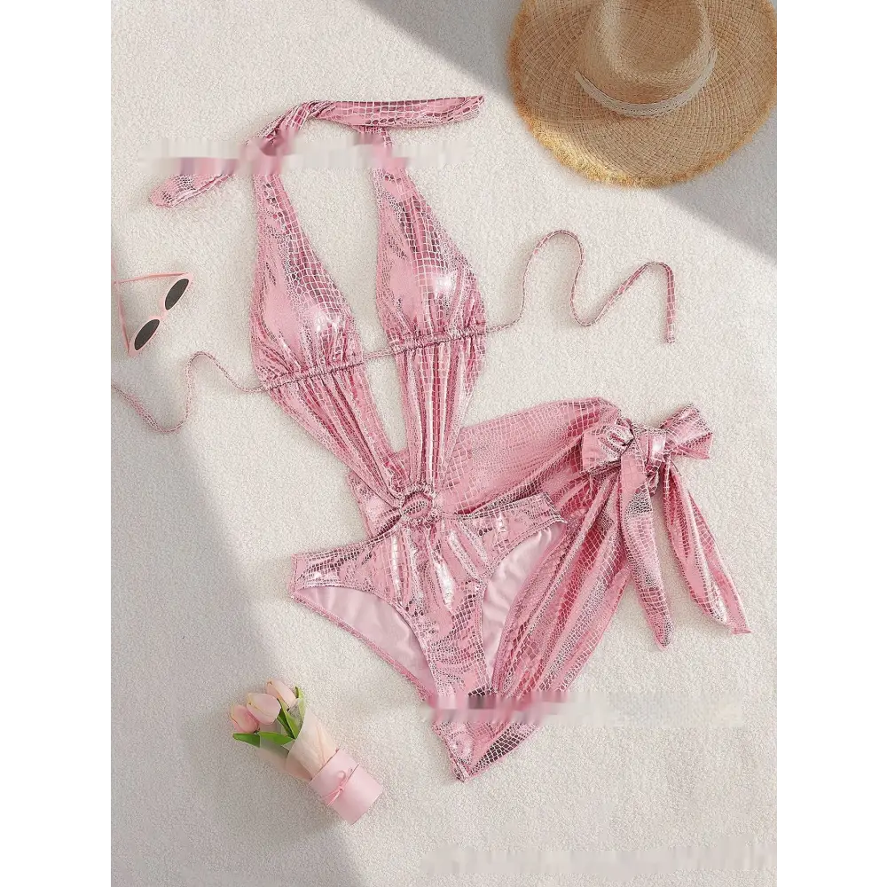 Beach Hot Spring Serpentine V-neck One Piece Swimsuit Lace-up - Pink / S