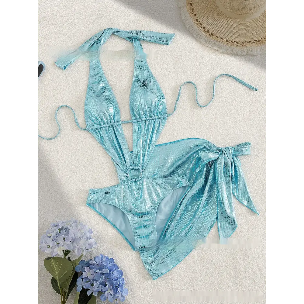 Beach Hot Spring Serpentine V-neck One Piece Swimsuit Lace-up - Sky Blue / S