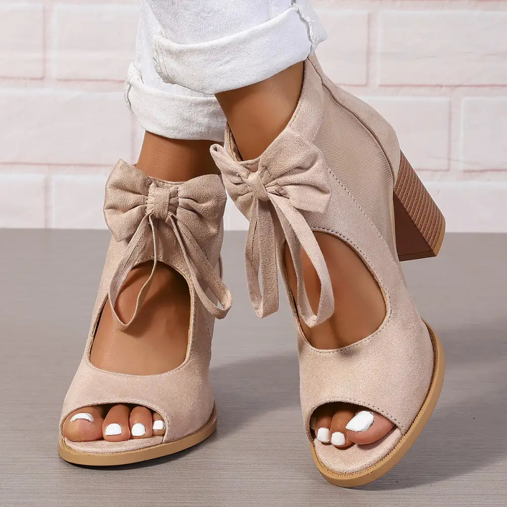 BellaBow Chunky High Heels - Bridal Party Sandals - Beige / 35