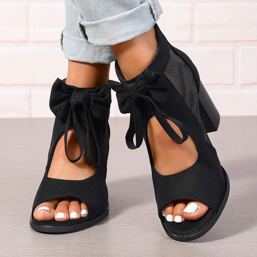 BellaBow Chunky High Heels - Bridal Party Sandals - Black / 35