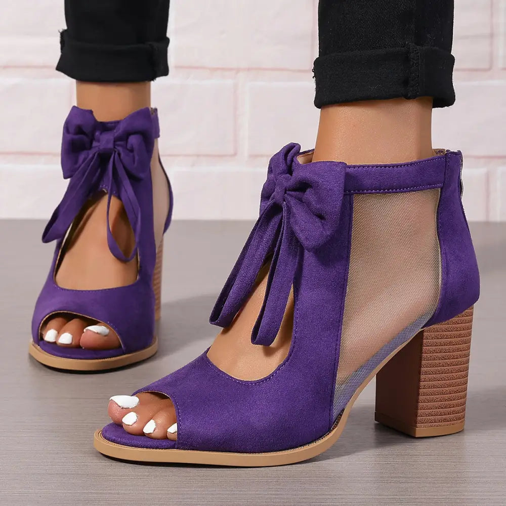 BellaBow Chunky High Heels - Bridal Party Sandals - Purple / 35
