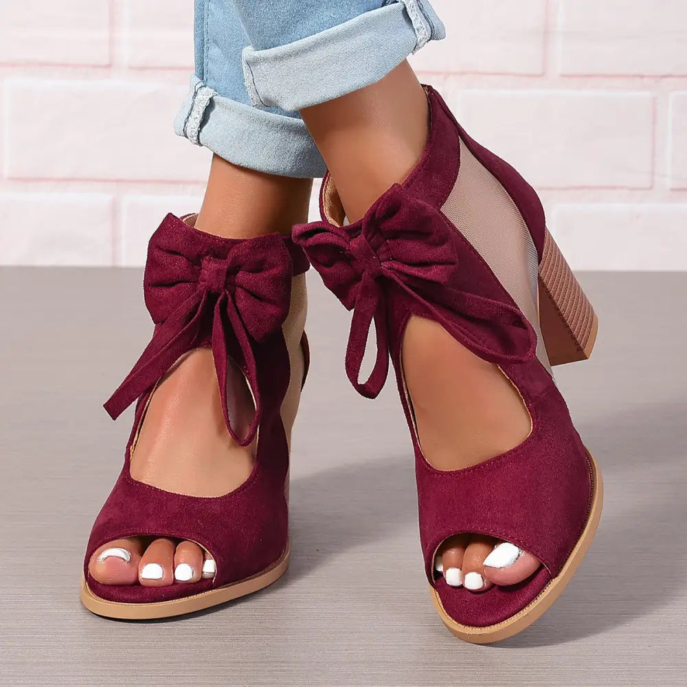 BellaBow Chunky High Heels - Bridal Party Sandals - Wine Red / 35