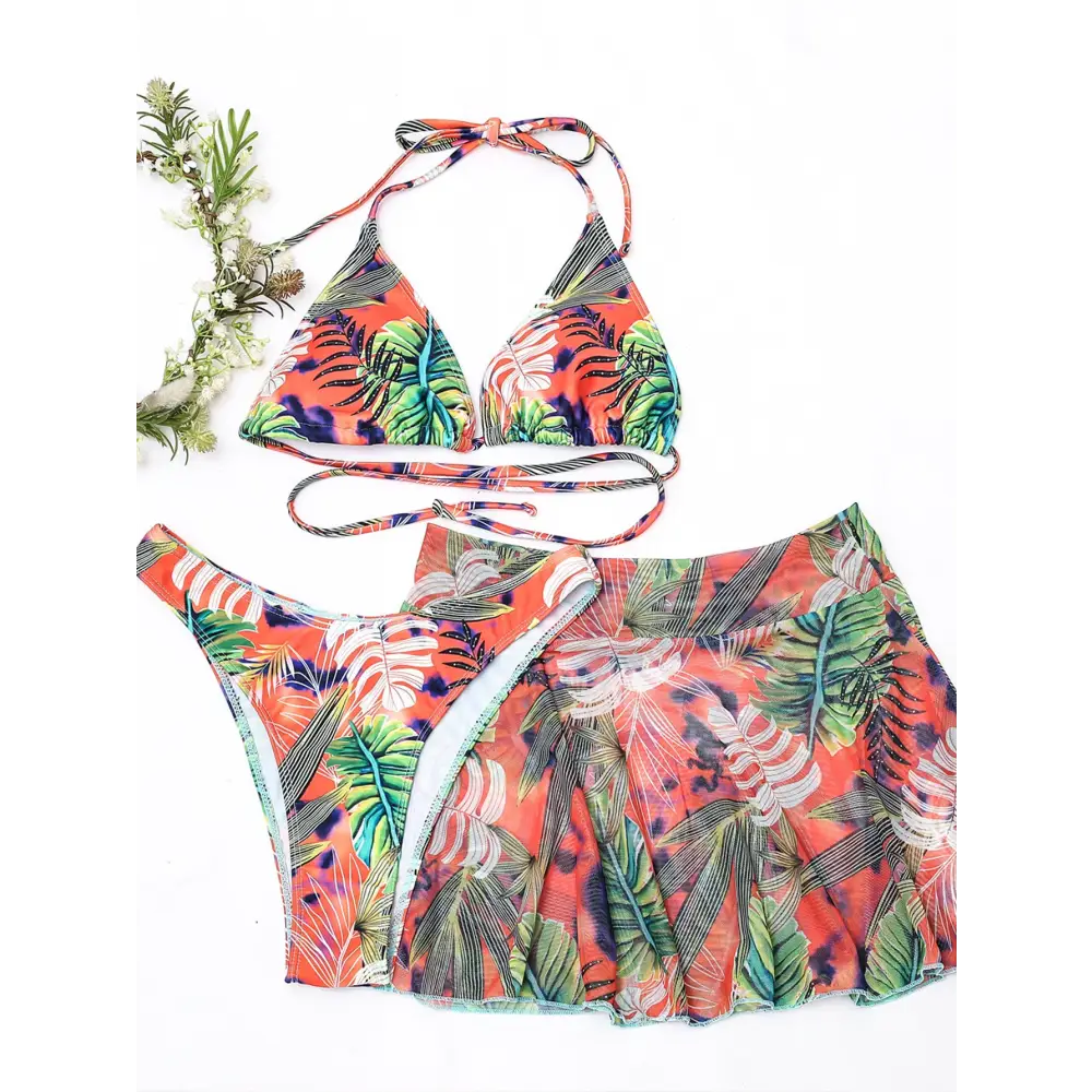 Big Flower Leaf Three Piece Swimsuit Bikini
