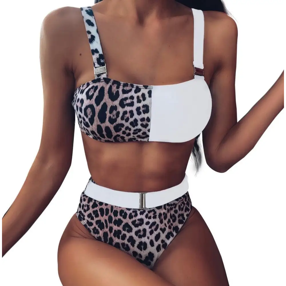 Bikini High Waist Leopard Print Stitching Bikini Europe - White / S