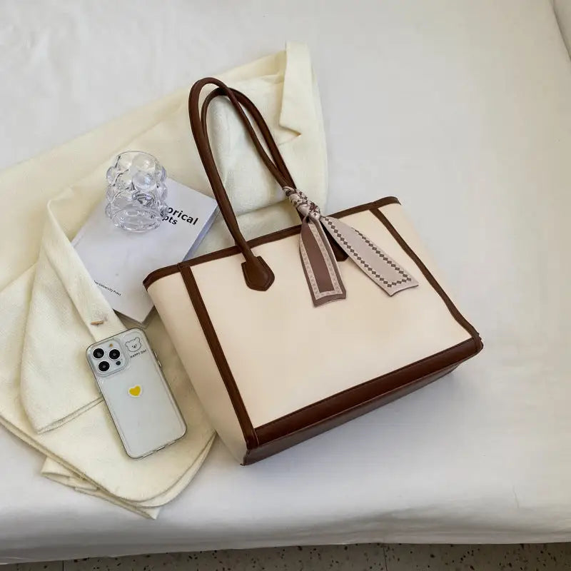 Black and Brown PU Leather Shoulder Bag with Multiple Compartments - Coffee