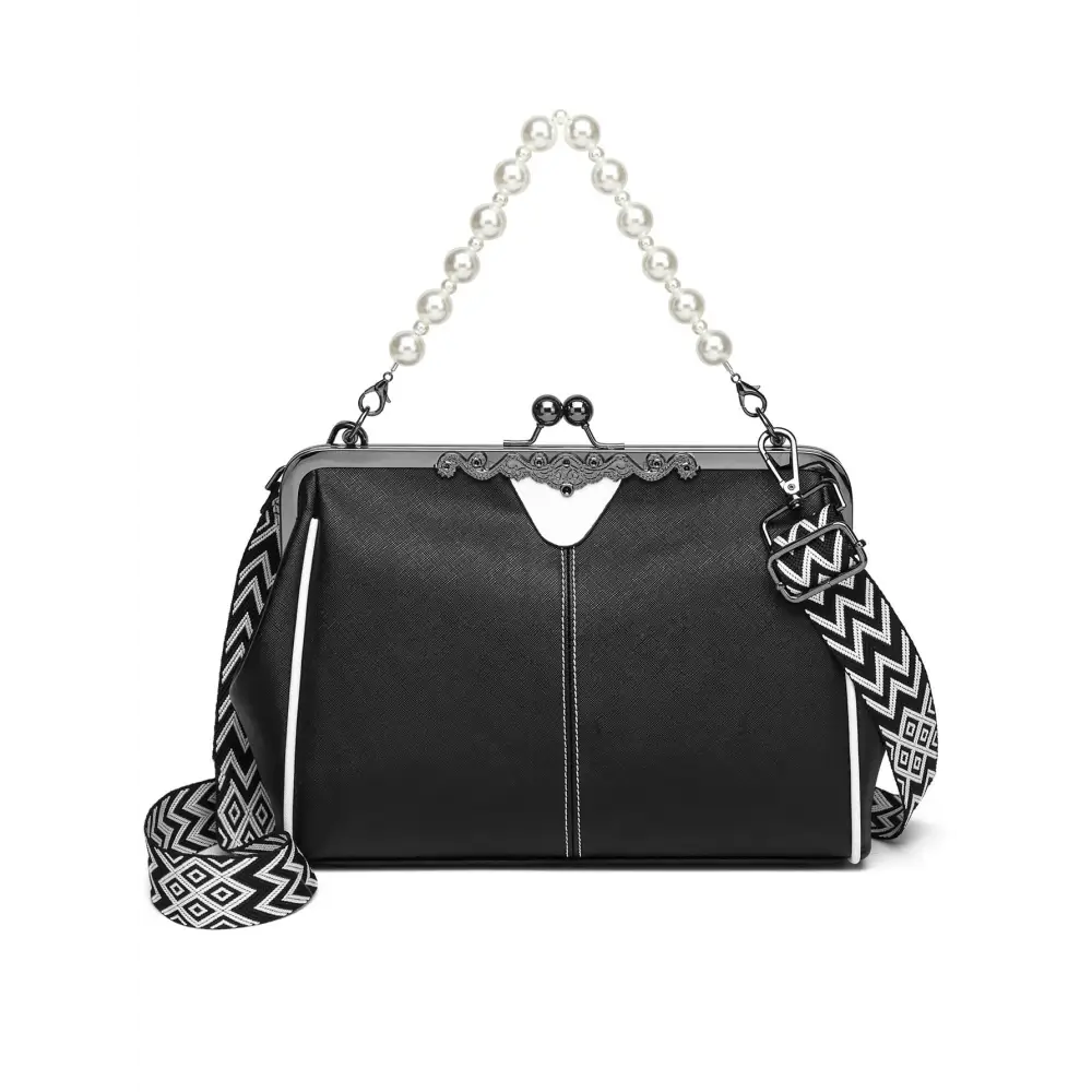 Black and White Soft PU Dumpling Flap Bag with Document Compartment - Black With White