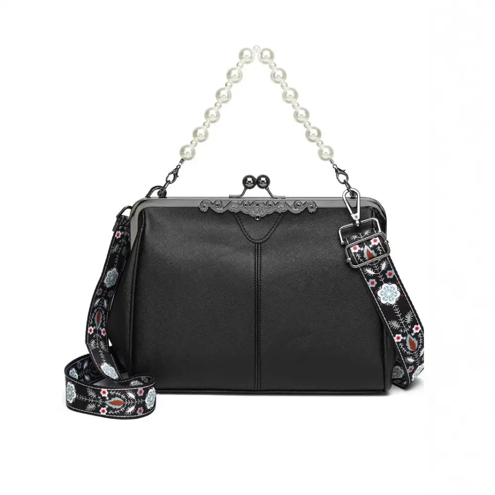 Black and White Soft PU Dumpling Flap Bag with Document Compartment - Black