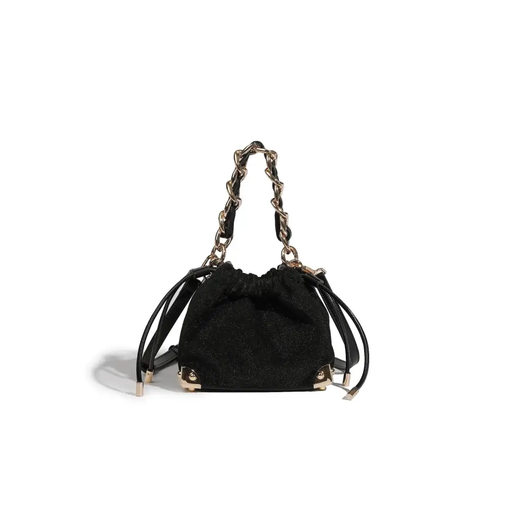 Black Polyester Chain Bucket Bag with Zipper and Sandwich Pocket - Black