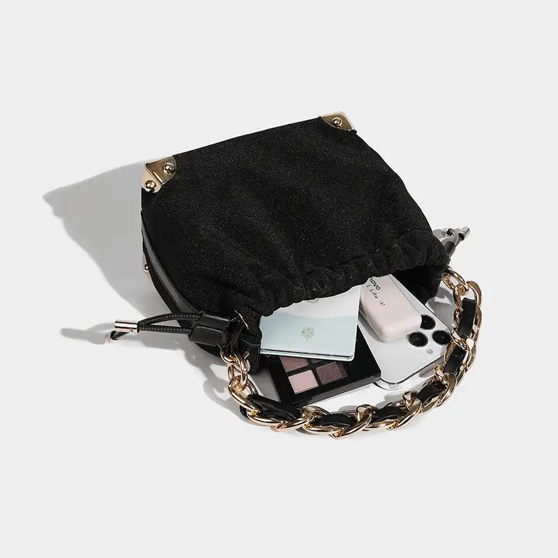 Black Polyester Chain Bucket Bag with Zipper and Sandwich Pocket - Black
