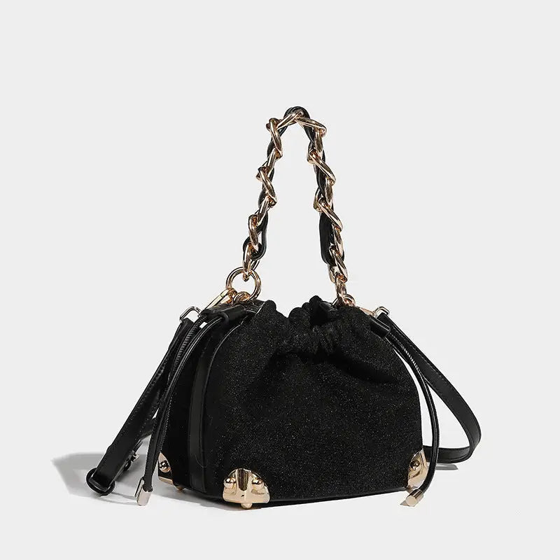 Black Polyester Chain Bucket Bag with Zipper and Sandwich Pocket - Black