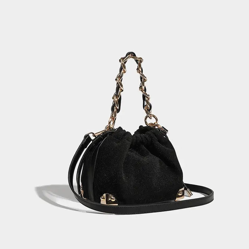 Black Polyester Chain Bucket Bag with Zipper and Sandwich Pocket - Black