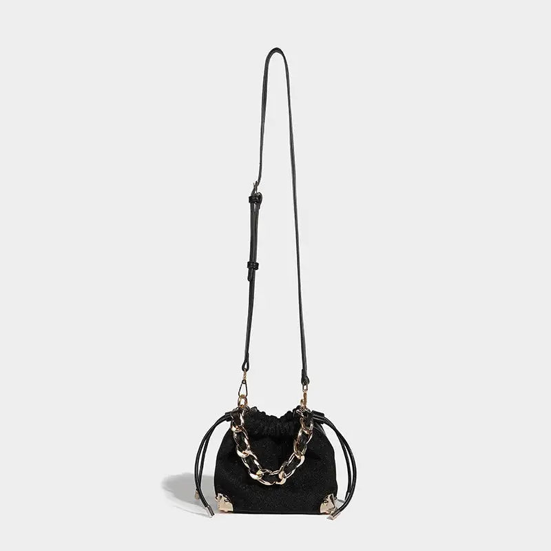 Black Polyester Chain Bucket Bag with Zipper and Sandwich Pocket - Black