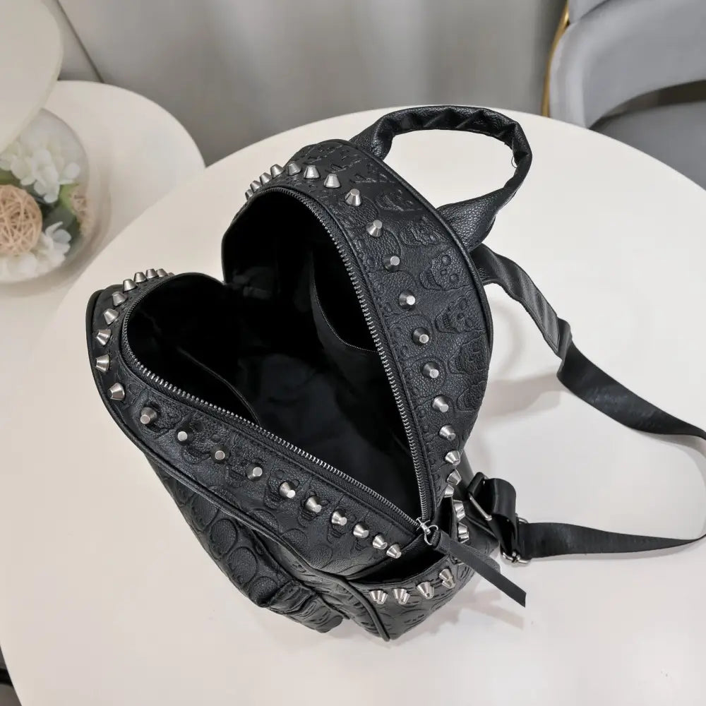 Black PU Backpack with Studded Pockets and Three Dimensional Design - Black
