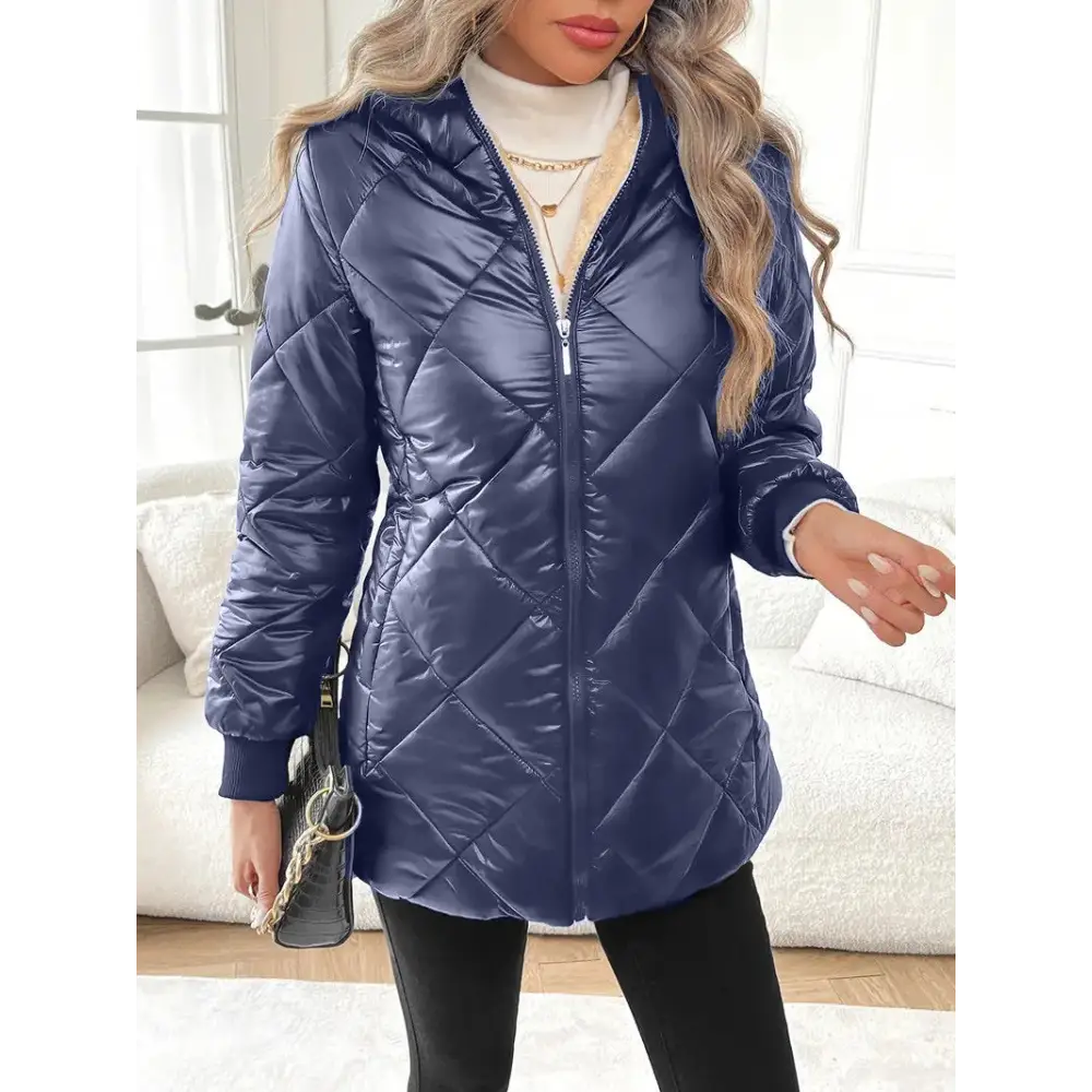 Navy blue quilted puffer coat.
