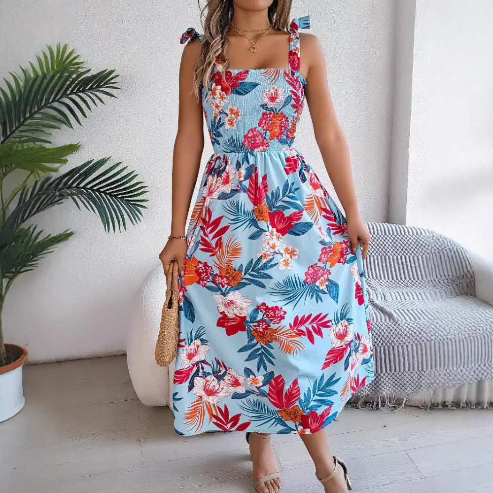 Blossom Breeze: Floral Suspender Beach Dress - Blue / S - 4