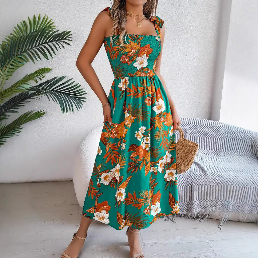 Blossom Breeze: Floral Suspender Beach Dress - Green / S - 4