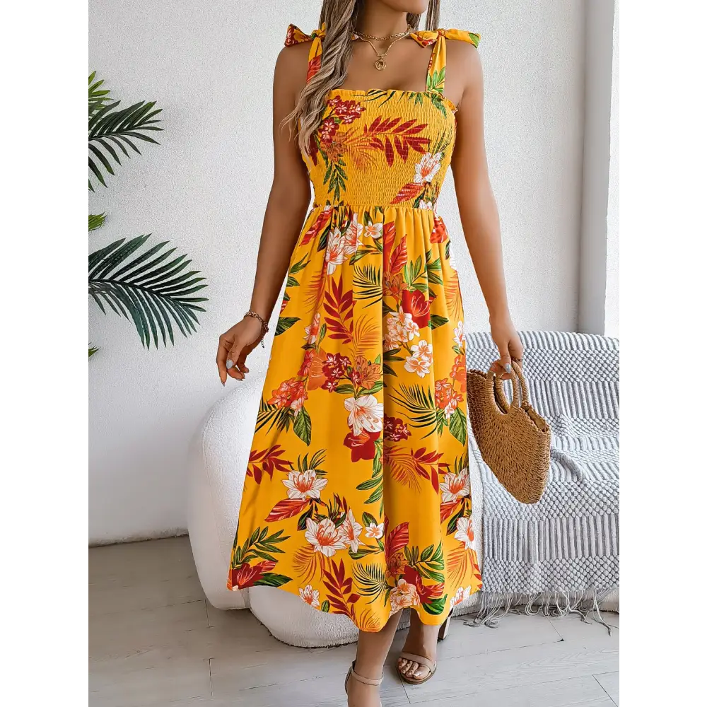 Blossom Breeze: Floral Suspender Beach Dress - Yellow / S - 4