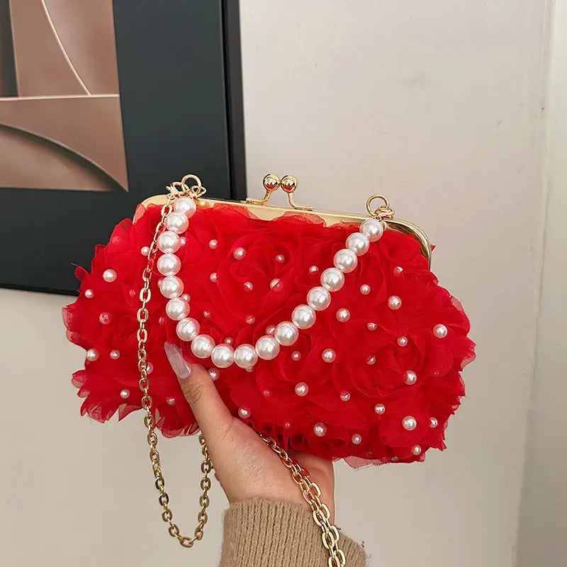 Blossom Button Clutch: Chic Floral Shell Bag - Red