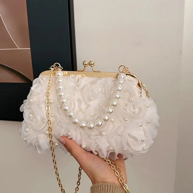 Blossom Button Clutch: Chic Floral Shell Bag - White