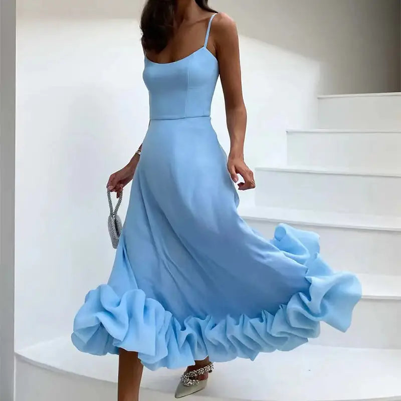 Blossom Swing: 3D Floral A-Line Skirt Suspenders - Blue / M