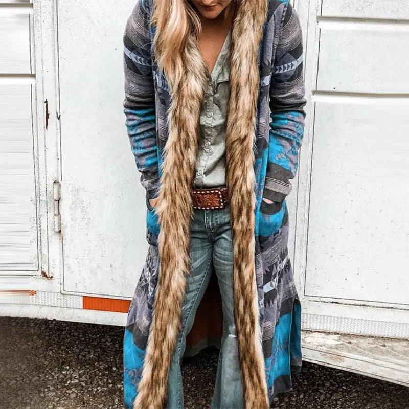 Long patterned cardigan with faux fur trim.