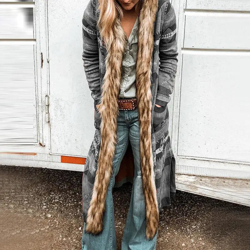 Long gray cardigan with fur trim.