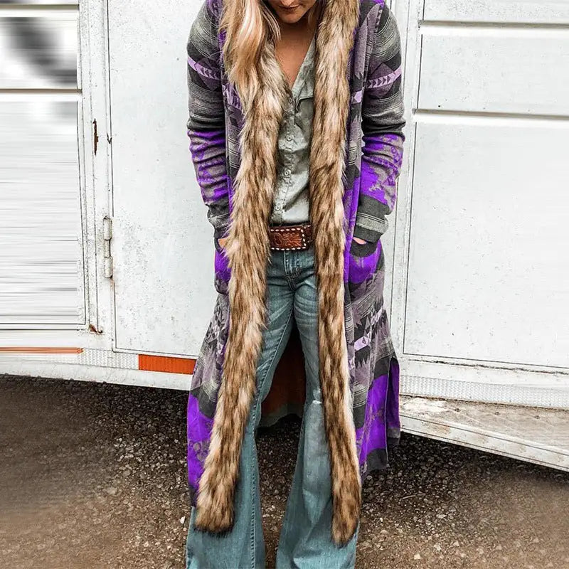 Long purple and gray cardigan with fur trim.