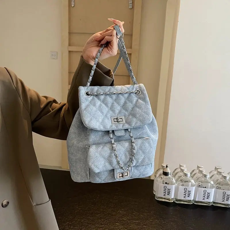 Blue Denim Urban Tote with Three-Dimensional Pocket and Document Compartment - Light Blue