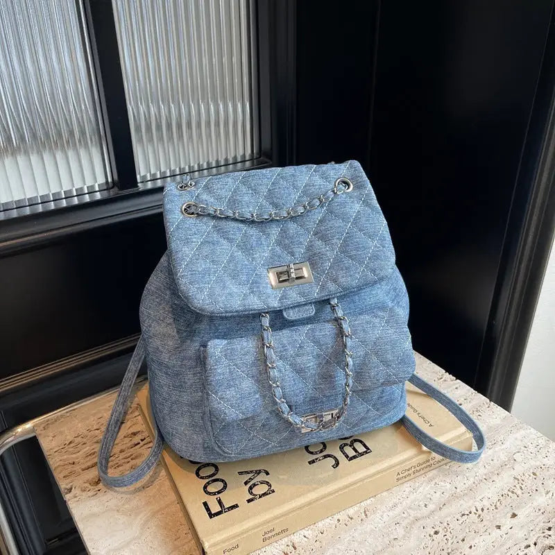 Blue Denim Urban Tote with Three-Dimensional Pocket and Document Compartment