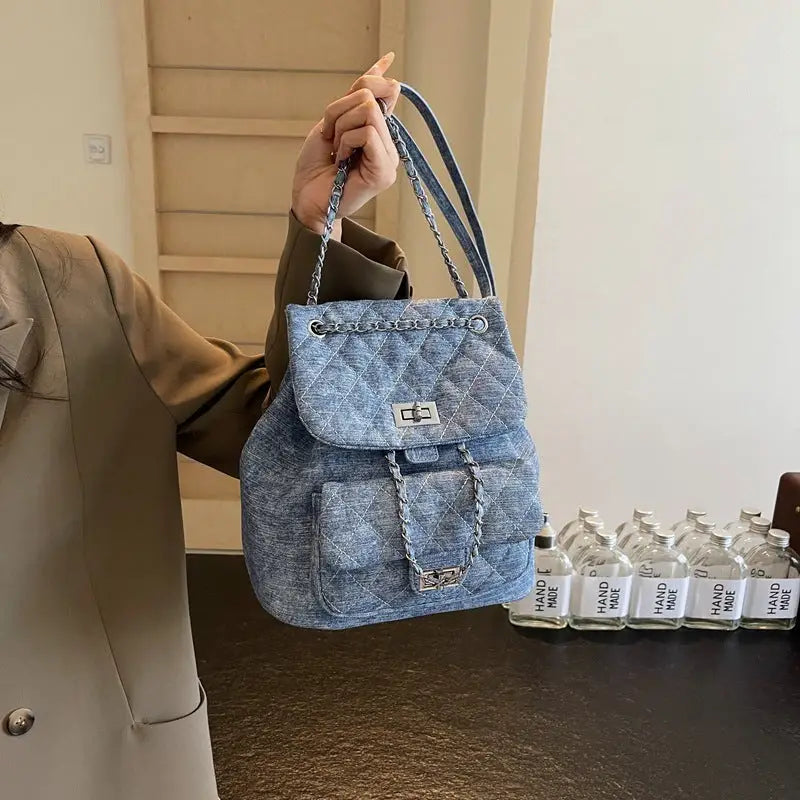 Blue Denim Urban Tote with Three-Dimensional Pocket and Document Compartment - Blue