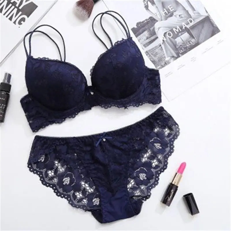 Bra Small Chest Gathered Adjustable Lace Girl Sexy Underwear - Blue / 3270AB